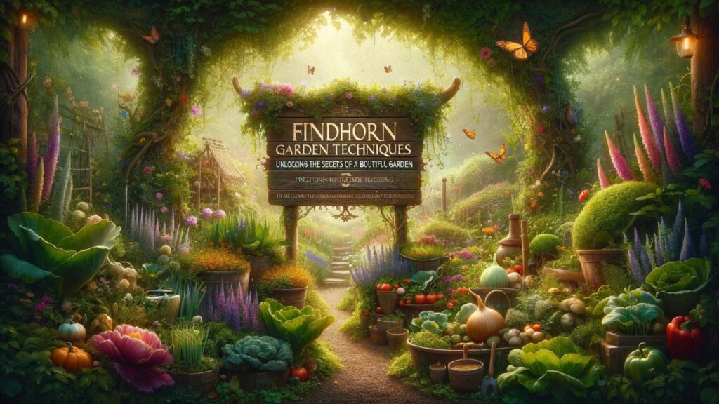 "Findhorn Garden Techniques: Unlocking the Secrets of a Bountiful Garden." The image depicts a lush and enchanting garden, embodying the magical and bountiful techniques of the Findhorn Garden. Goddess Grown Heirlooms Blog