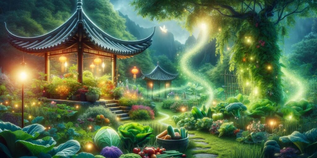 Feng Shui in the heirloom vegetable garden is good for your over-all well-being. The image shows a lush and beautiful garden with veranda and a magical feel to it. Goddess Grown Heirlooms