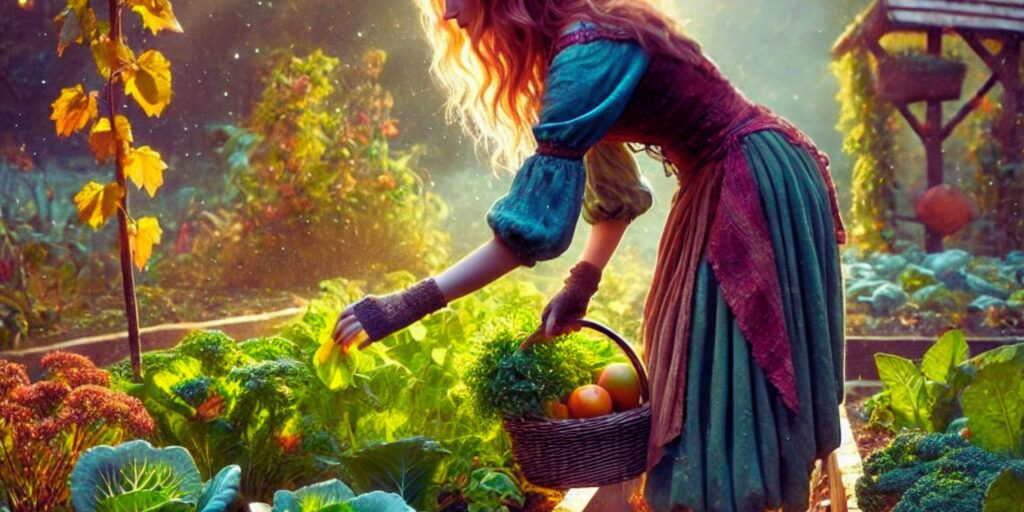 A woman is harvesting fall vegetables in her Fall garden. Goddess Grown Heirlooms, Heritage seed blog, Canada