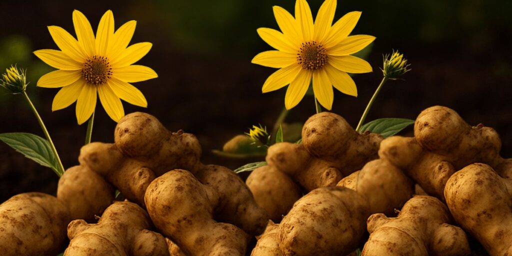 Jerusalem Artichokes, Corlis Bolton Haynes variety are piled up with the flowers of the plant. Organically grown by Garden Faerie Botanicals. Canada